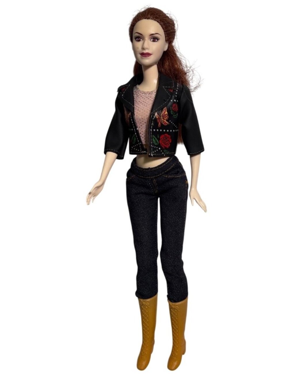 Barbie Doll Redhead Western Mattel Black Floral Jacket Jeans & Yellow Boots